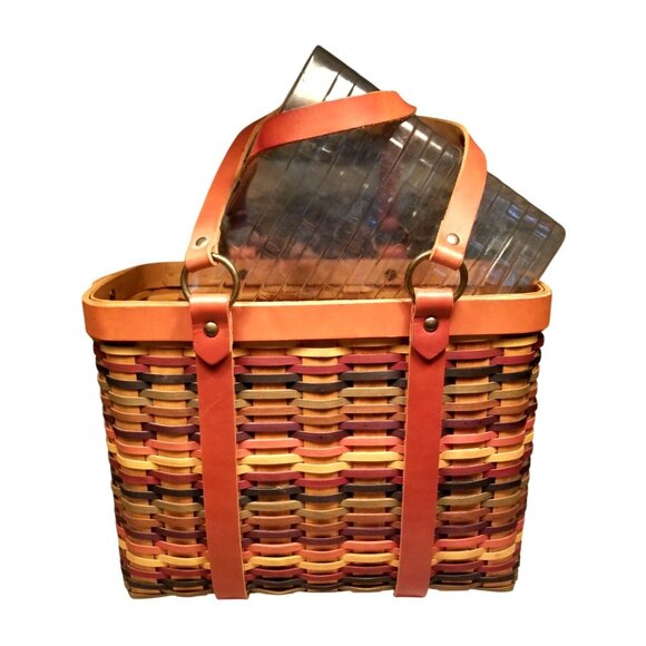 Rare 2008 Longaberger Signature Weave Multicolored Basket Tote Sturdy Leather - Picture 2 of 10